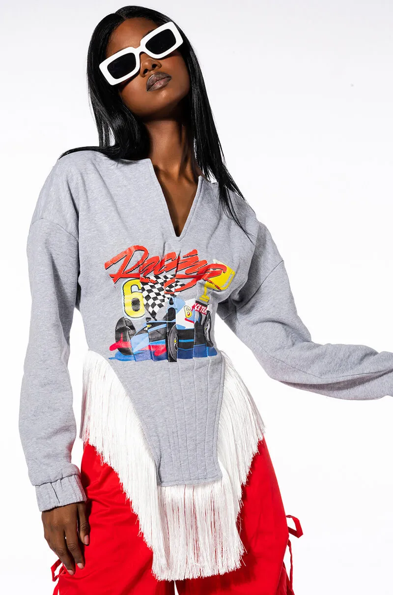 ZOOM ZOOM CORSETED FRINGE SWEATSHIRT product hiking suitable durability Cozy Look