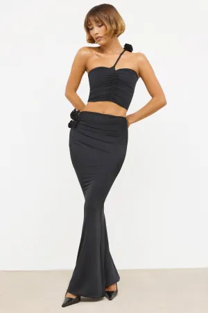 Print Mix Slinky Jersey Rose Detail Mid-Rise Maxi Skirt in Black