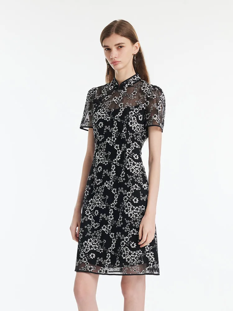Stage Soft Black Floral Embroidery Cheongsam Women Mini Qipao Dress