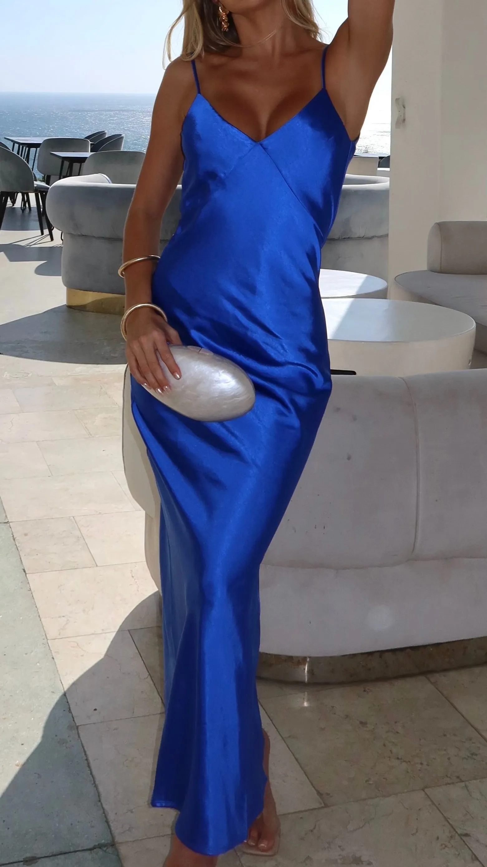 Gisella Maxi Dress - Cobalt Blue Belt Tie Cross Stitch
