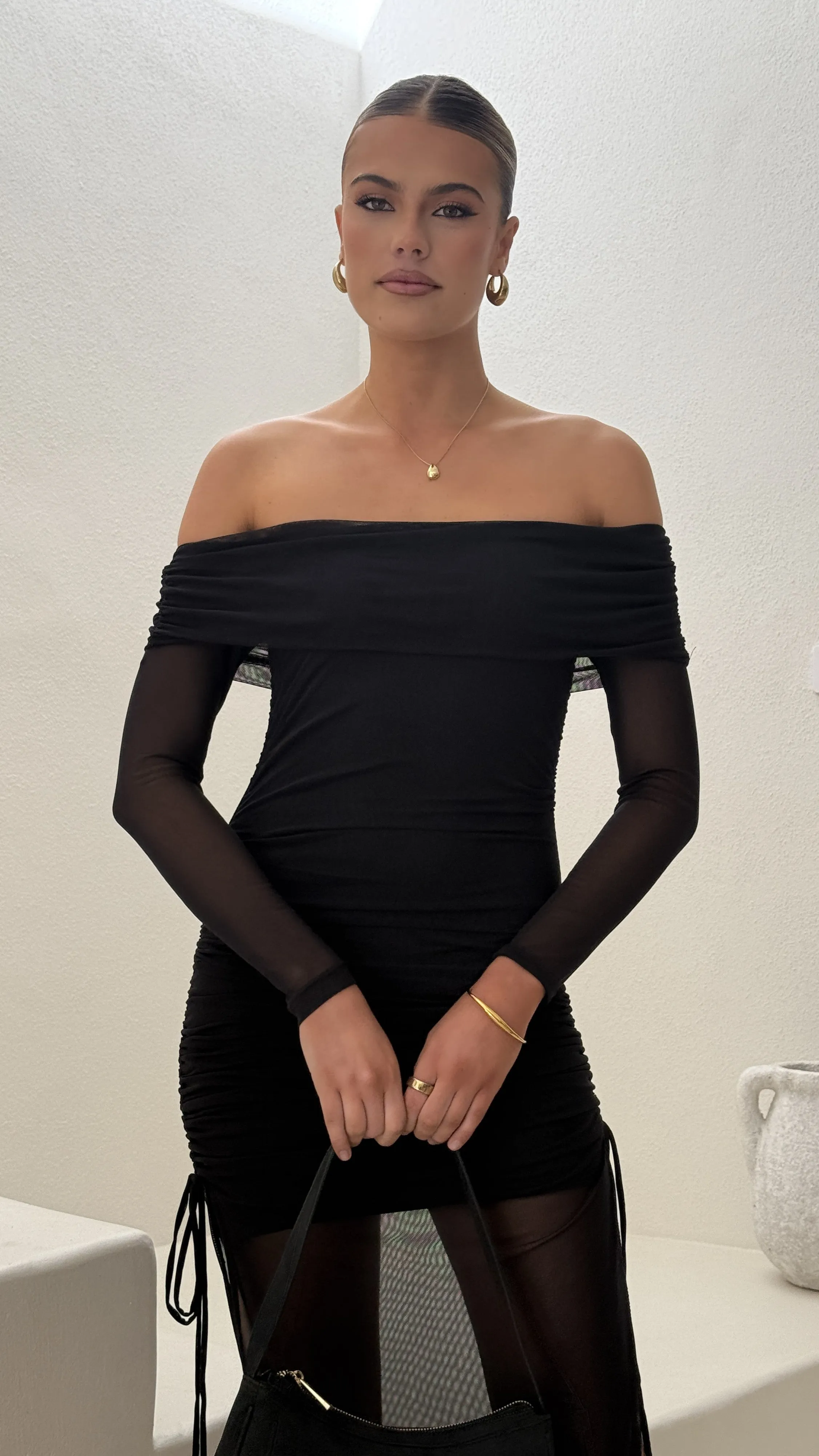 Boat Neck handmade detail Isadora Off Shoulder Maxi Dress - Black