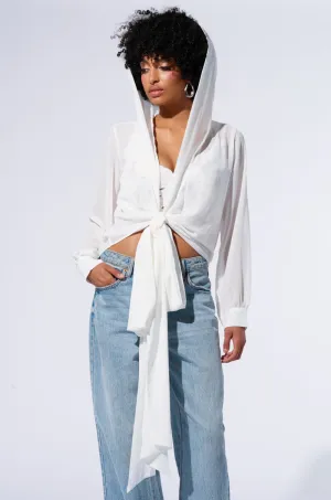 ironable MARGO TIE FRONT BLOUSE WITH HOOD IN WHITE