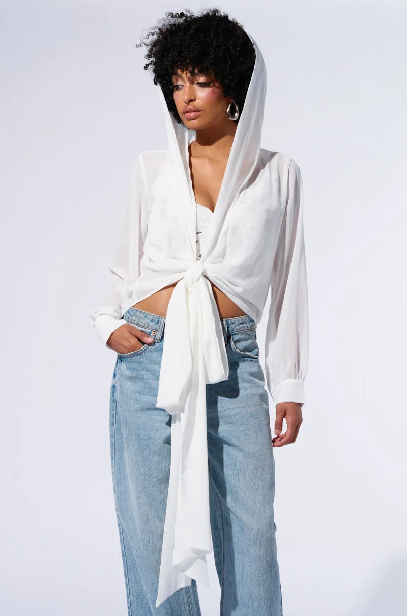 ironable MARGO TIE FRONT BLOUSE WITH HOOD IN WHITE