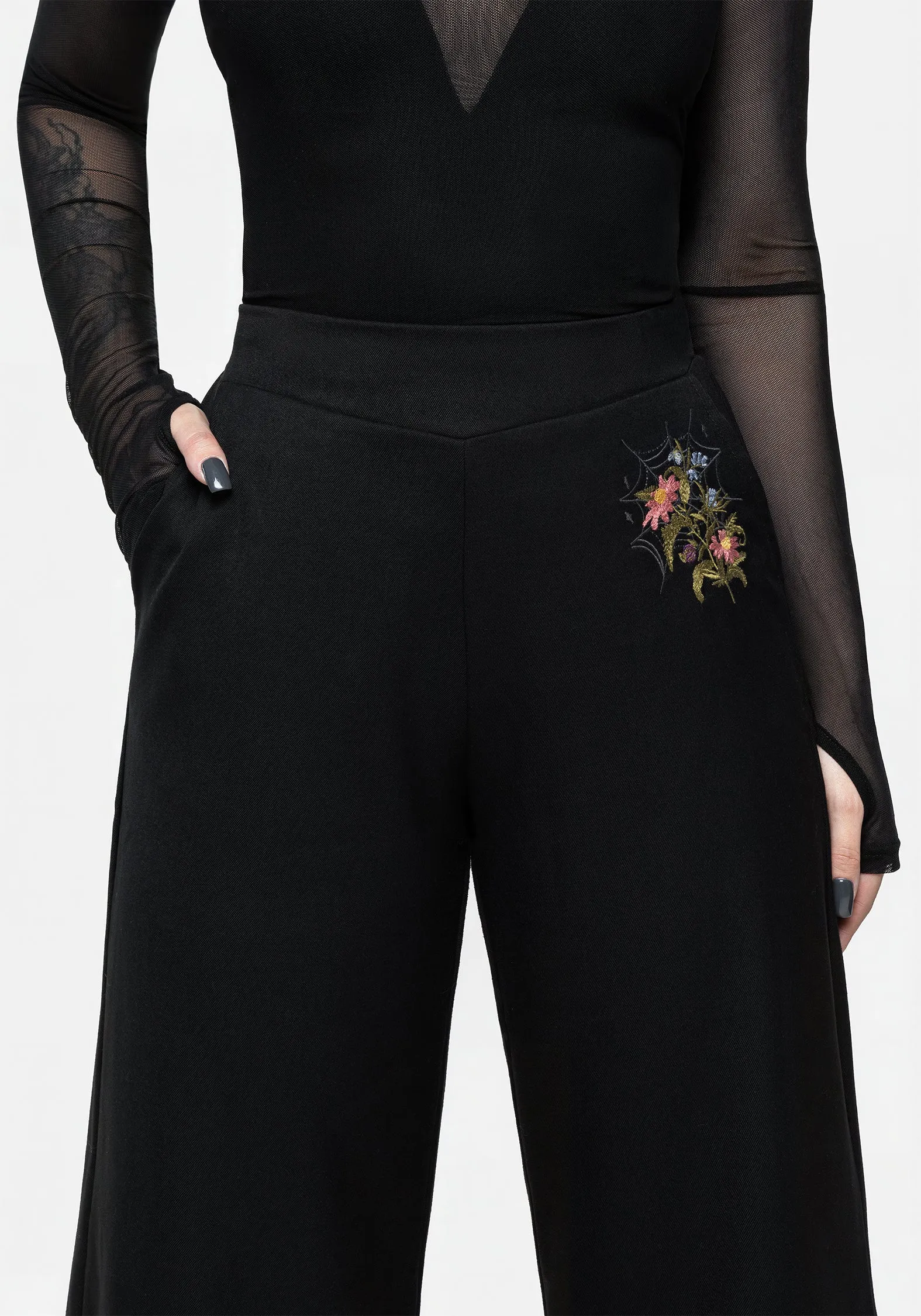 Cleome Floral Spiderweb Embroidered Trousers Lightweight Design Cozy Look
