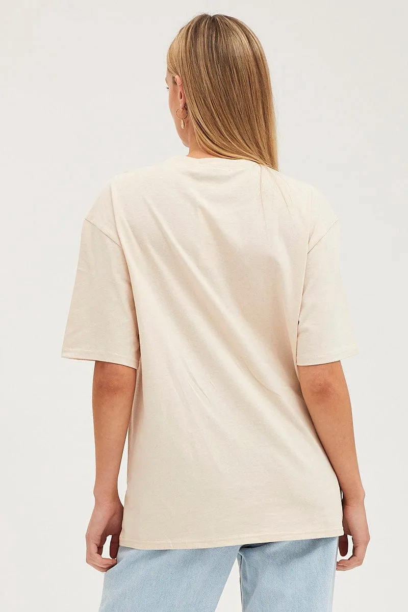 Scoop neck femininity Beige Long Line T-Shirt Short Sleeve