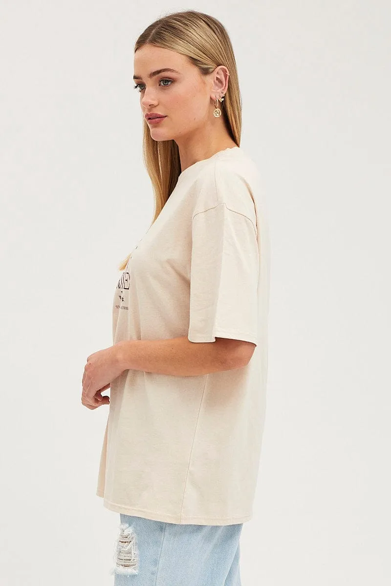 contrast Beige Long Line T-Shirt Short Sleeve