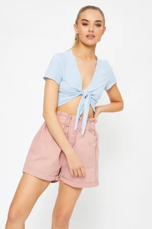 Blue Short Sleeve Textured Jersey Knot Front Crop Top Unique Cut ZeroWaste Production