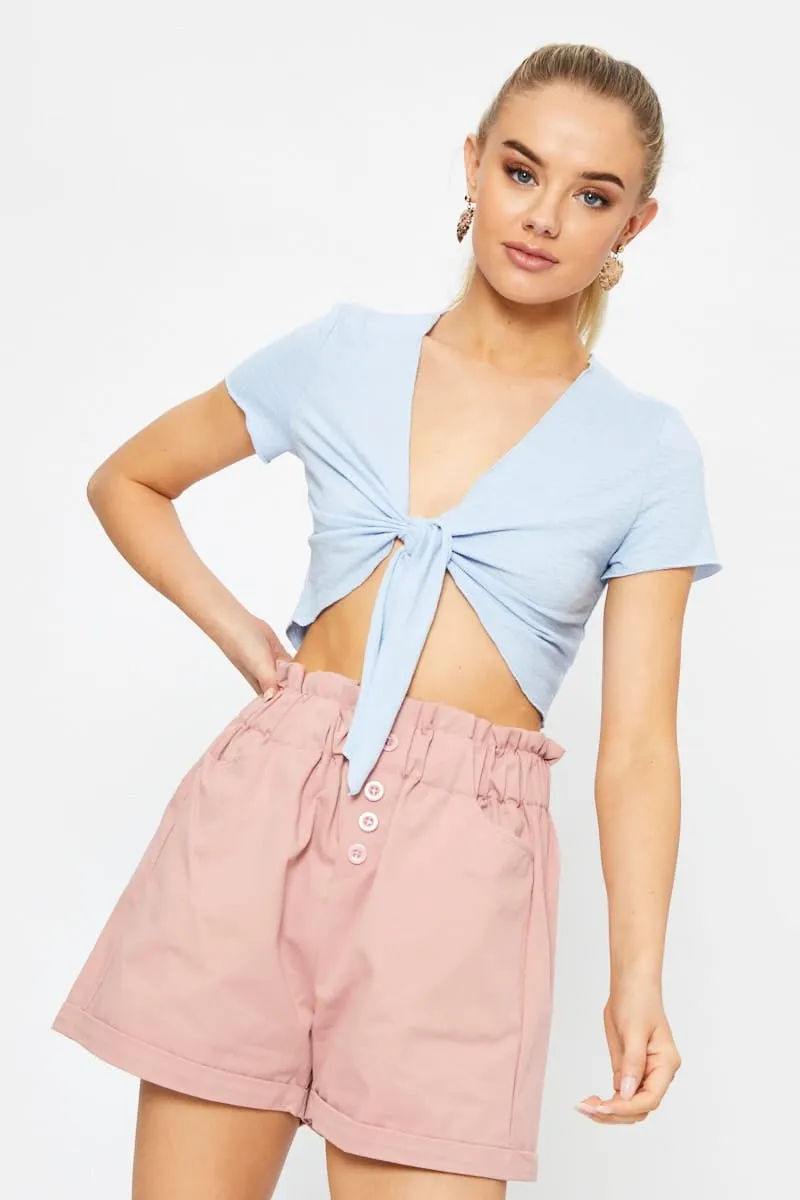Lounge Gear Snow Ready Blue Short Sleeve Textured Jersey Knot Front Crop Top