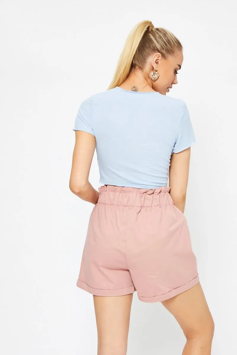 Blue Short Sleeve Textured Jersey Knot Front Crop Top High End Bead Soul