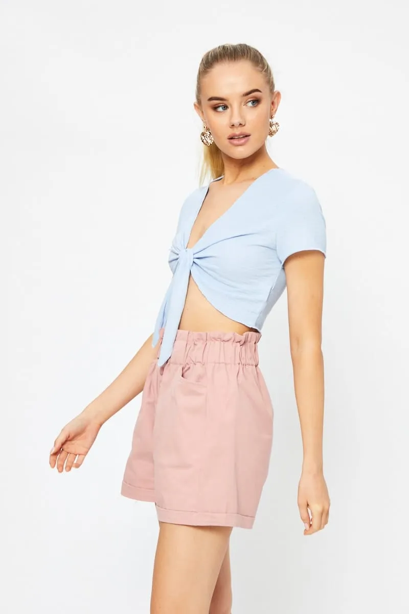 Dance Light Quick Wear Blue Short Sleeve Textured Jersey Knot Front Crop Top