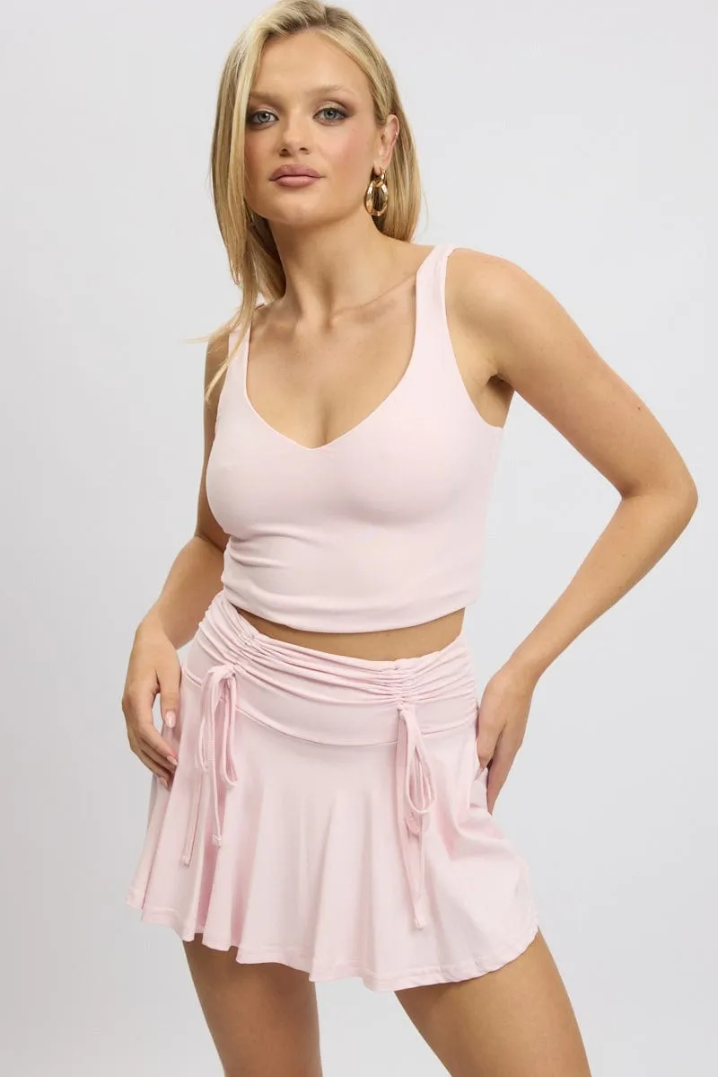 Pink Skater Skirt Mid Rise Ruched Detail Supersoft Mini Everyday Wear Patchwork Design