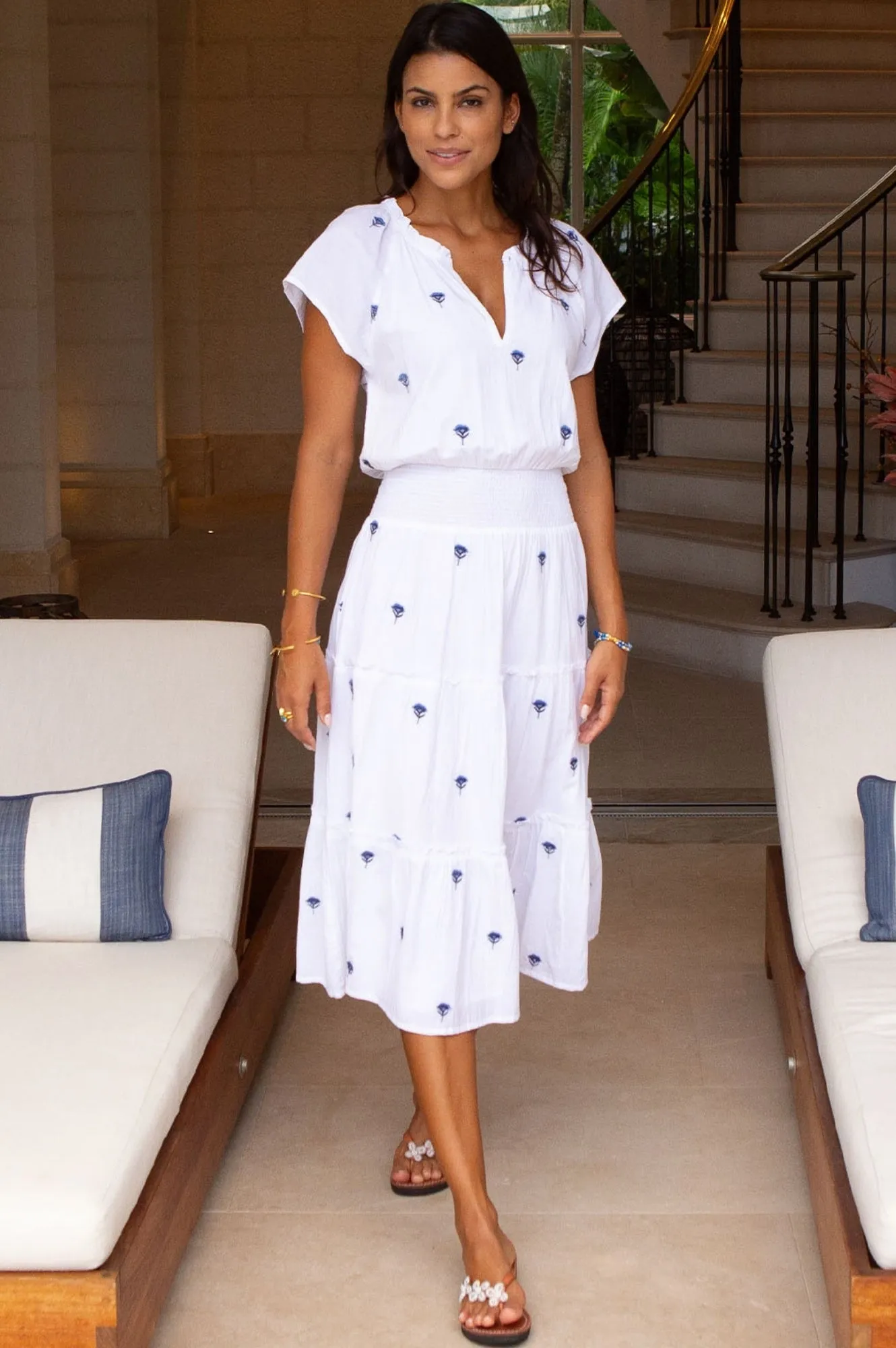 Riley Embroidered Organic Cotton Dress | White/Blue Ice Lake