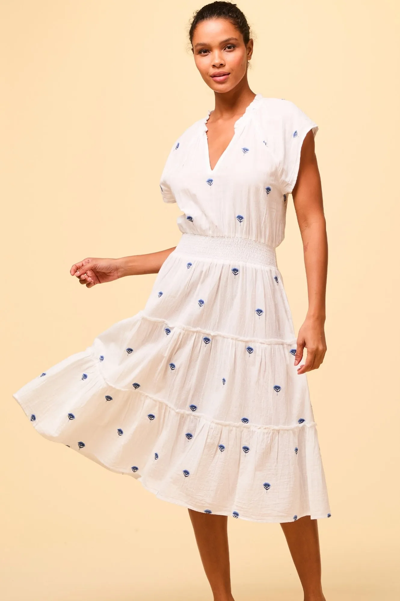 Freedom Wear Riley Embroidered Organic Cotton Dress | White/Blue