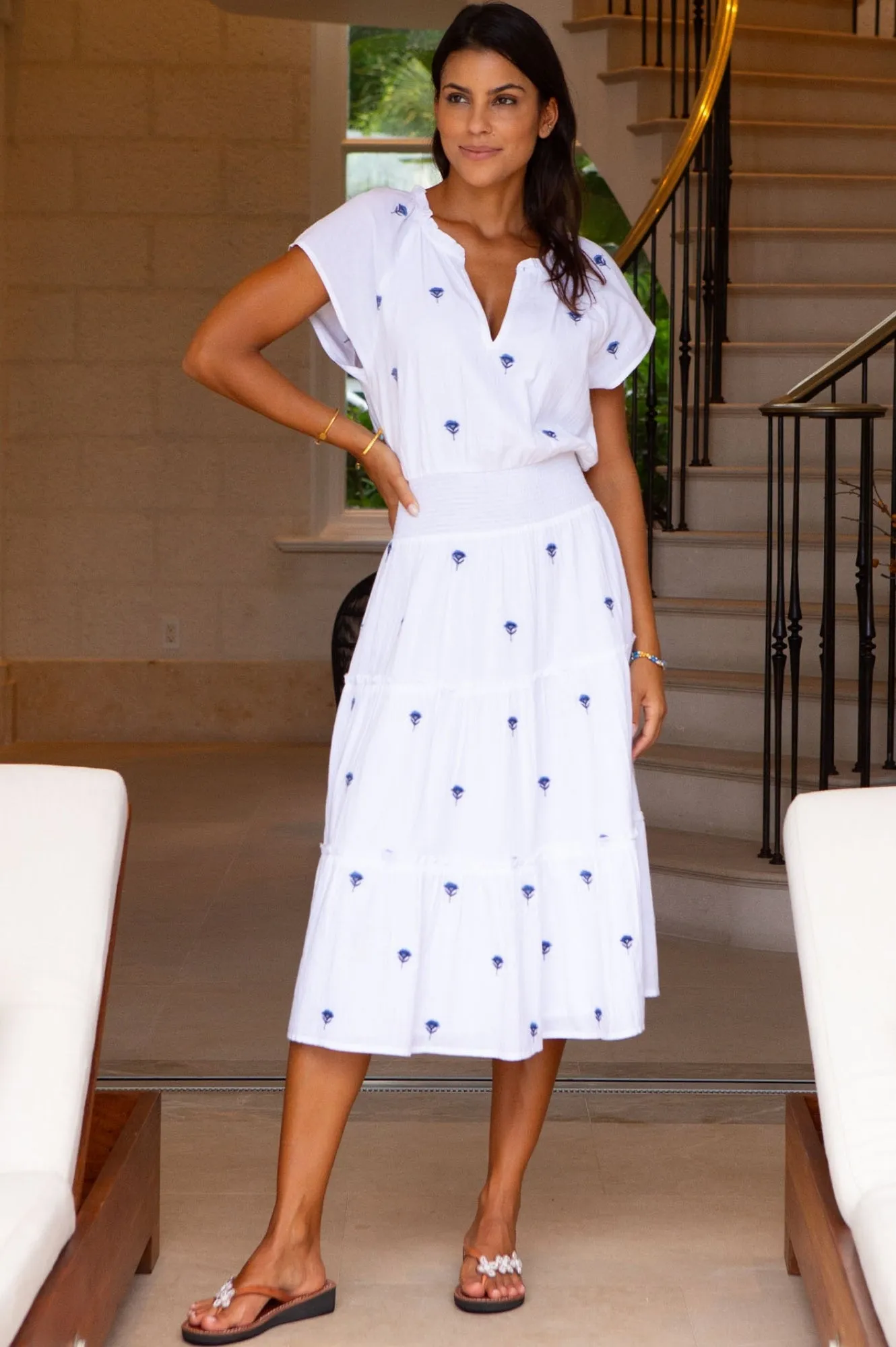 Riley Embroidered Organic Cotton Dress | White/Blue Market Day