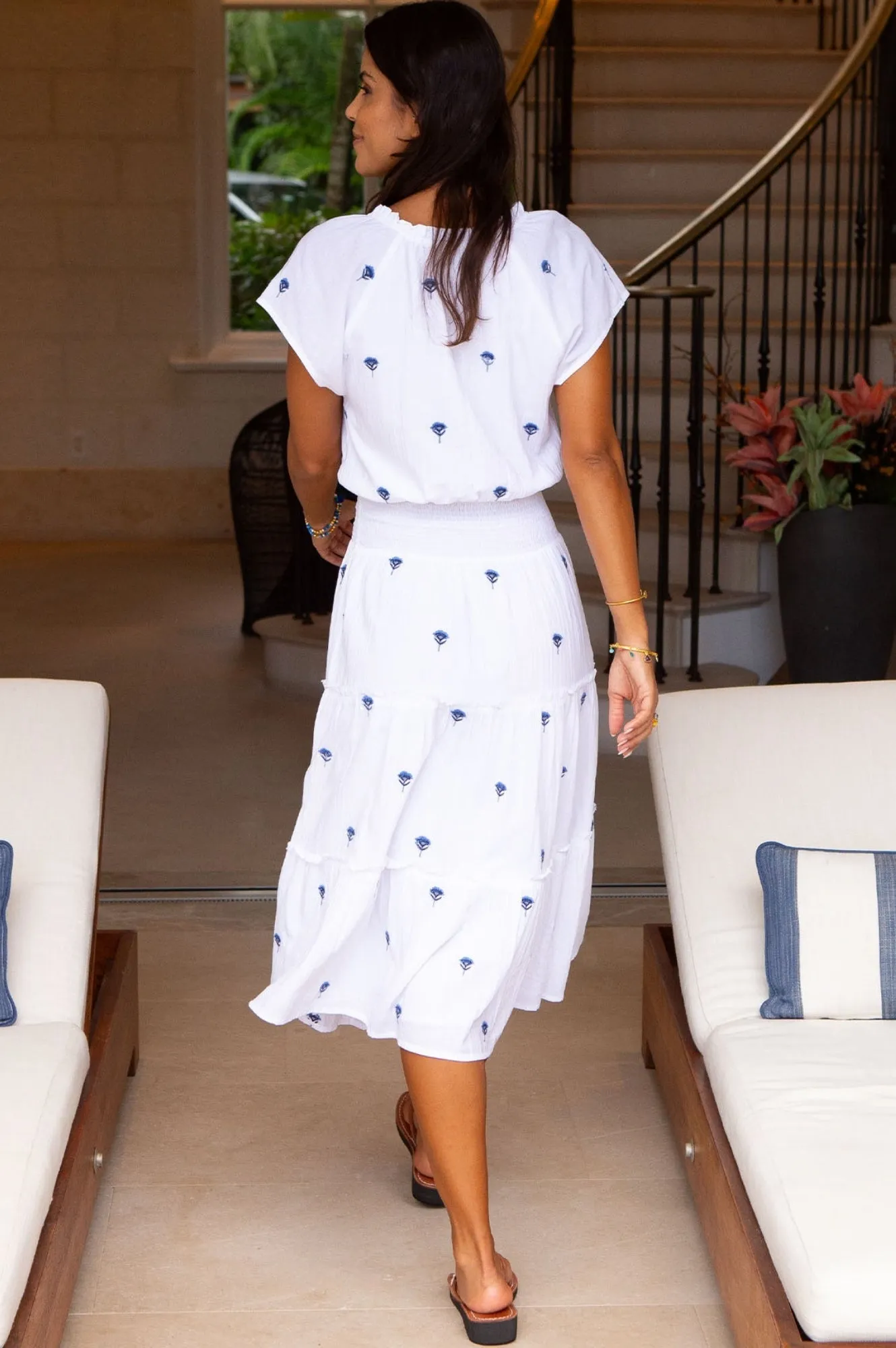 Quick Change Spring Festival Riley Embroidered Organic Cotton Dress | White/Blue