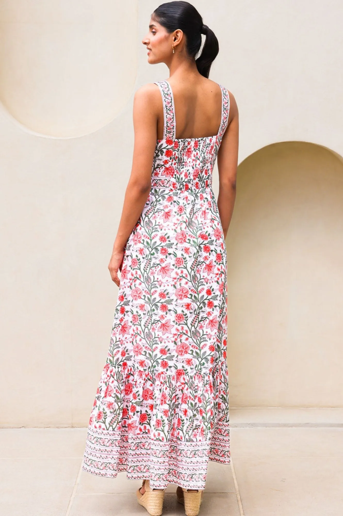Vibrant Style Dreamy Feel Aurelia Organic Cotton Block Print Dress | Gardenia Pink/Green
