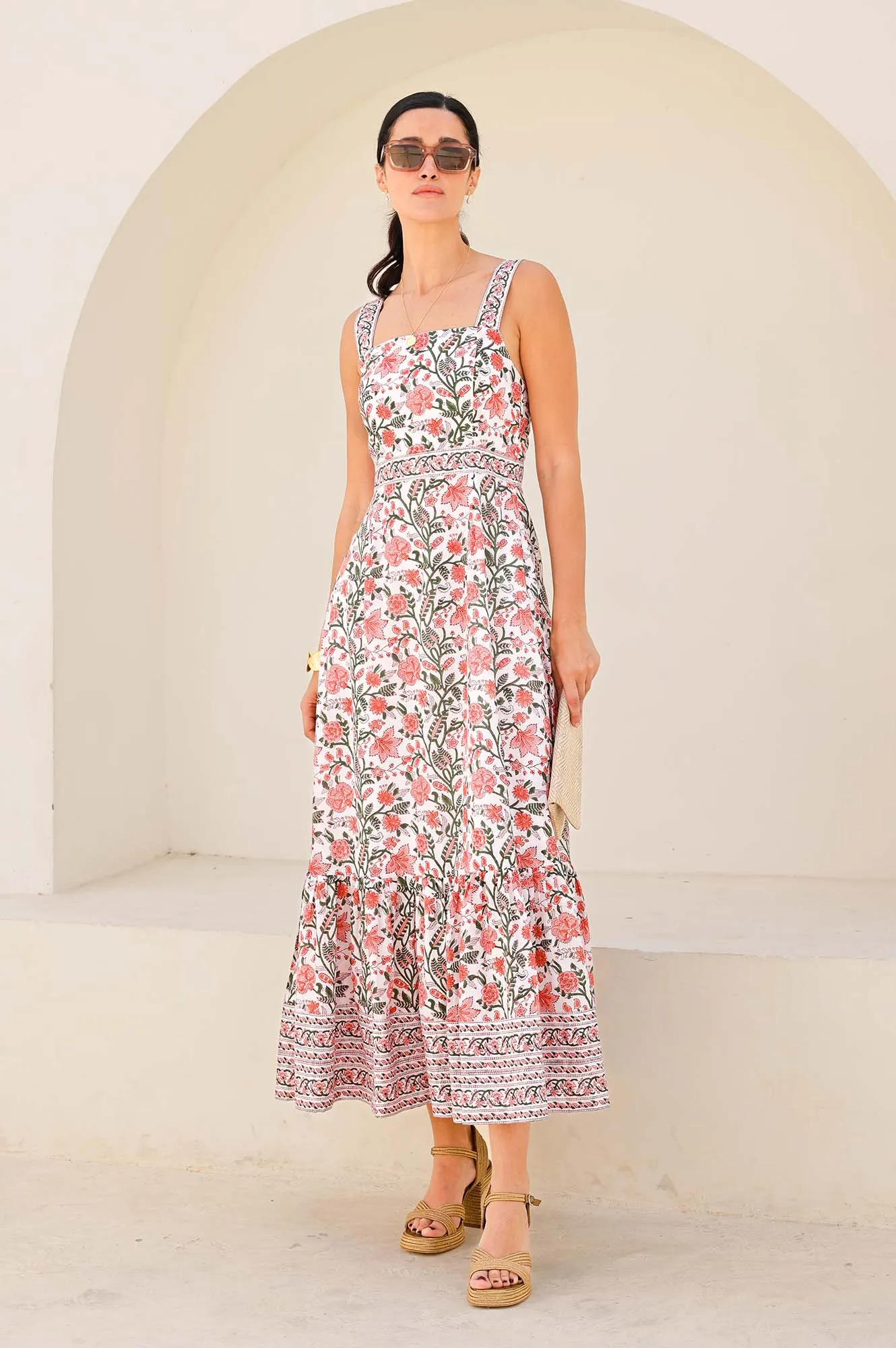 Bold Dresser Lounge Mood Aurelia Organic Cotton Block Print Dress | Gardenia Pink/Green