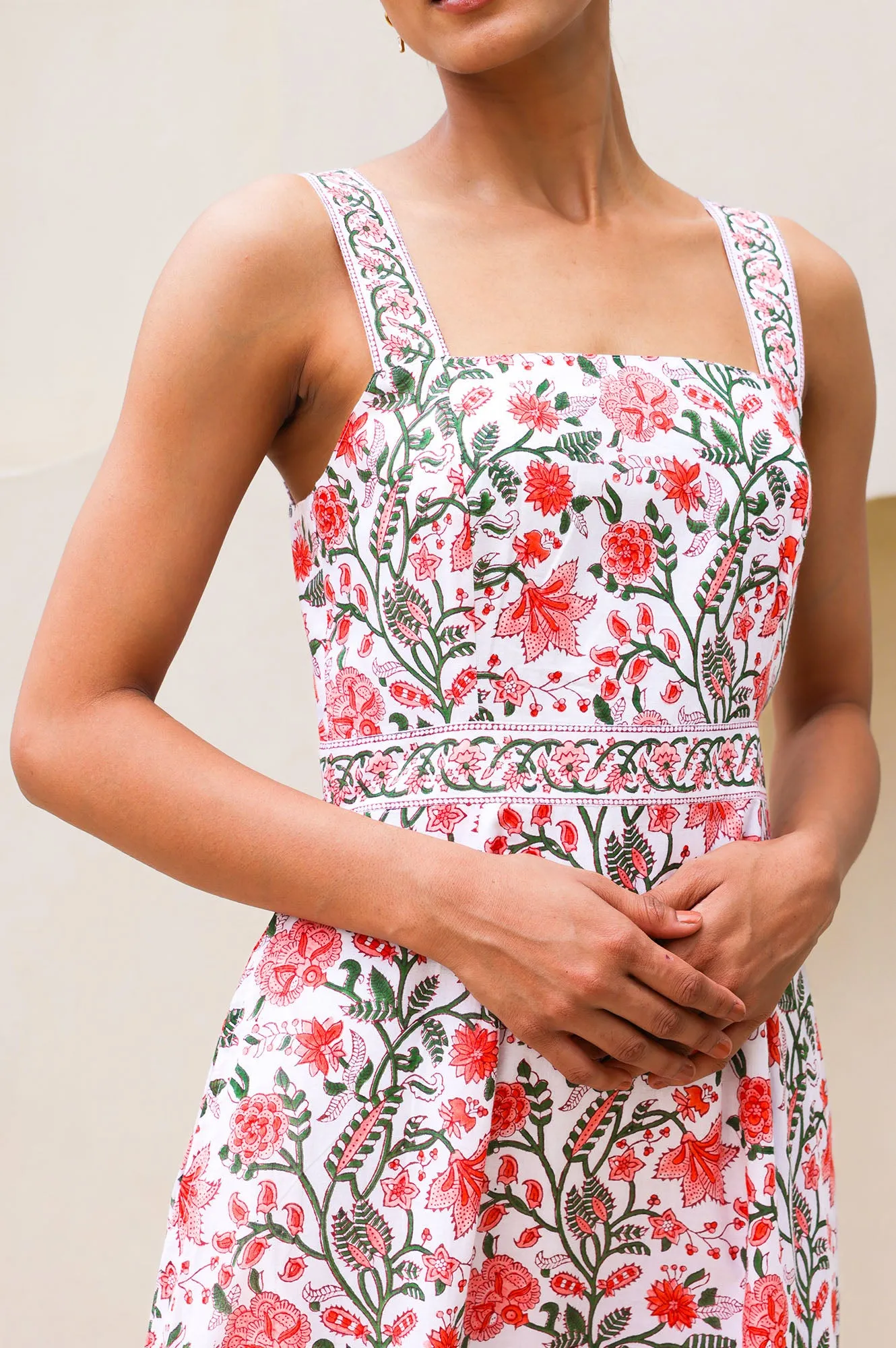 Timeless silhouette for all occasions Aurelia Organic Cotton Block Print Dress | Gardenia Pink/Green