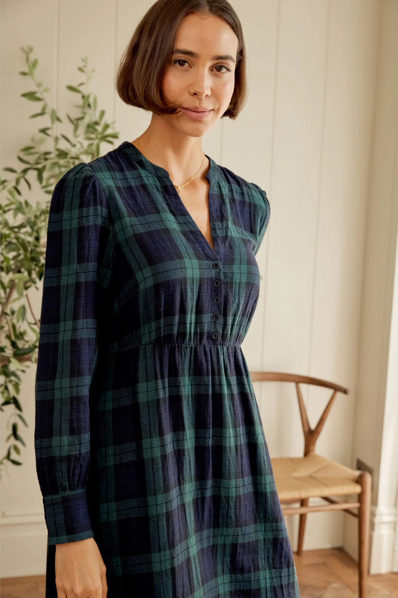 Harper Checked Double Cloth Organic Cotton Dress | Navy/Green Urban Ease Effortless Glam