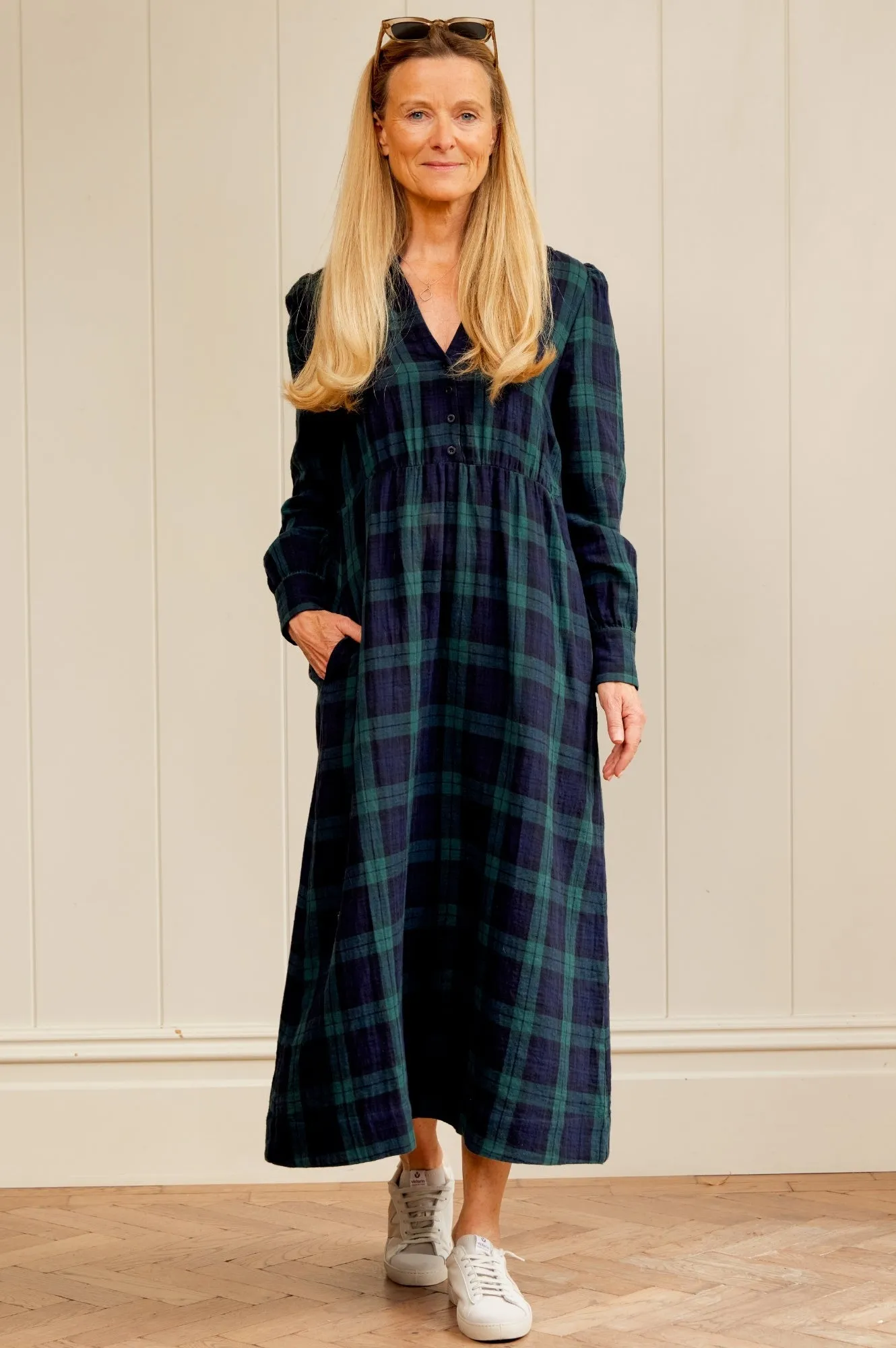 Harper Checked Double Cloth Organic Cotton Dress | Navy/Green Comfy chic Smart Appearance