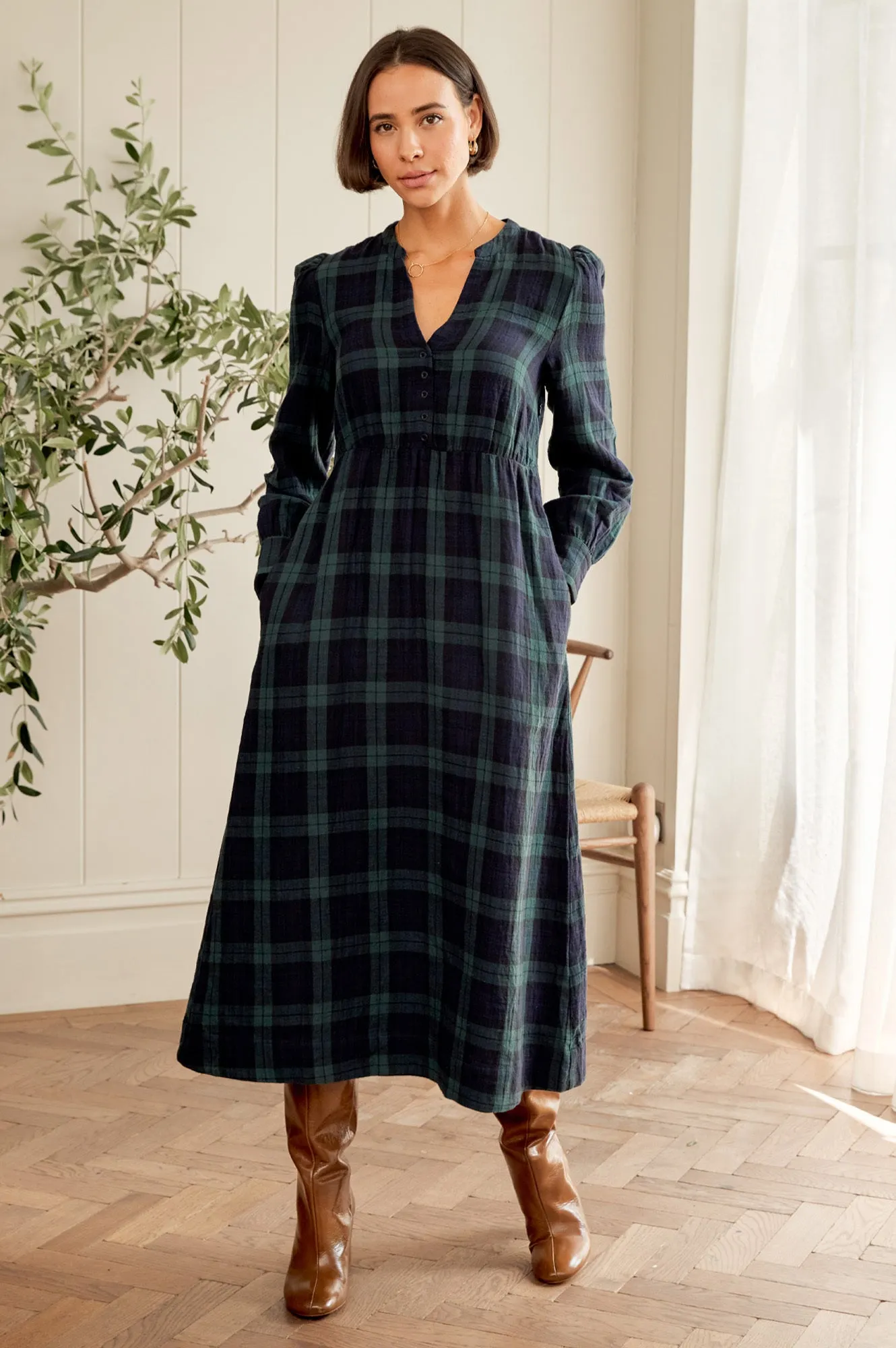 Bird Call Fresh Shore Harper Checked Double Cloth Organic Cotton Dress | Navy/Green