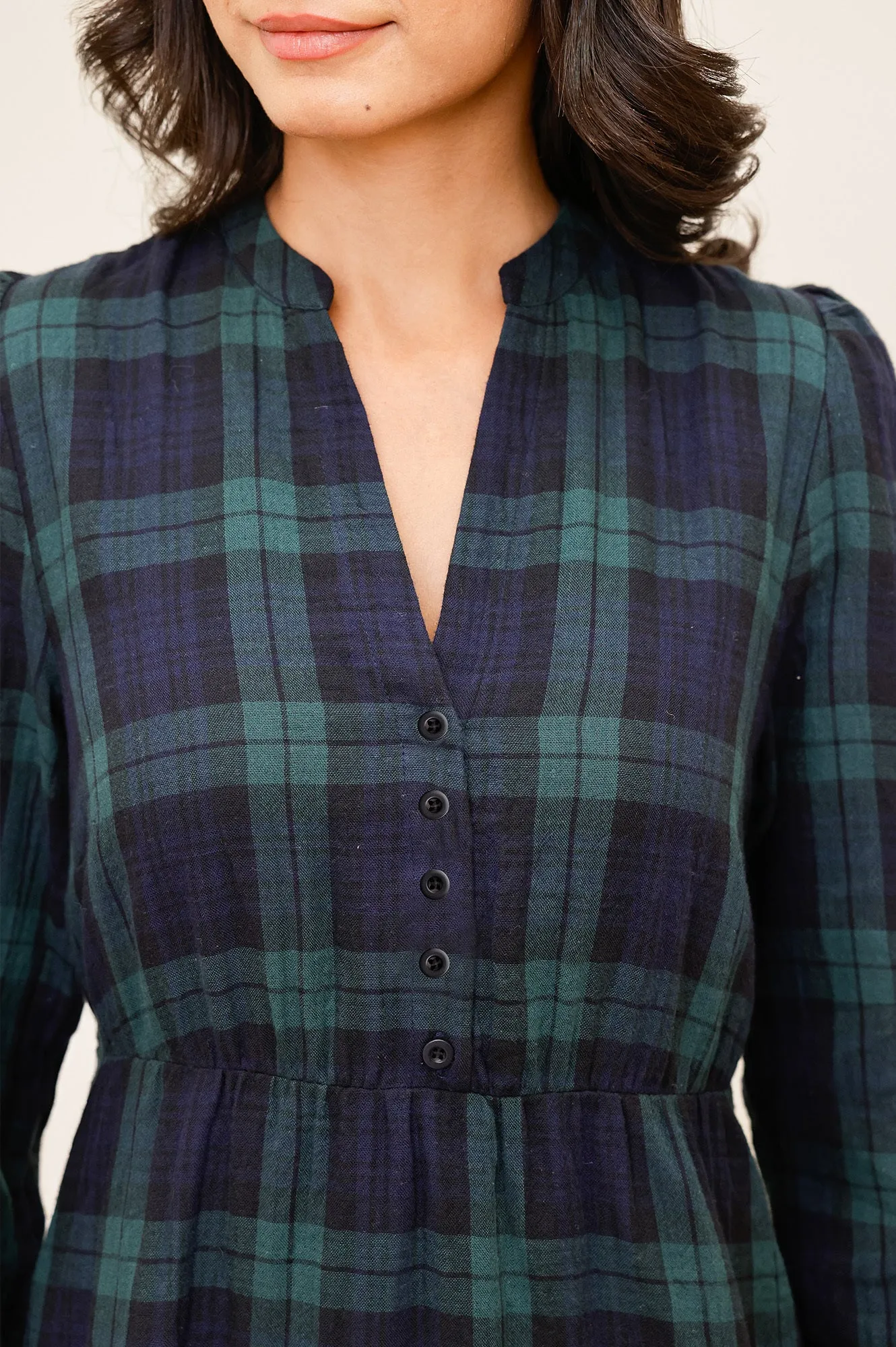 Wearable Art Harper Checked Double Cloth Organic Cotton Dress | Navy/Green