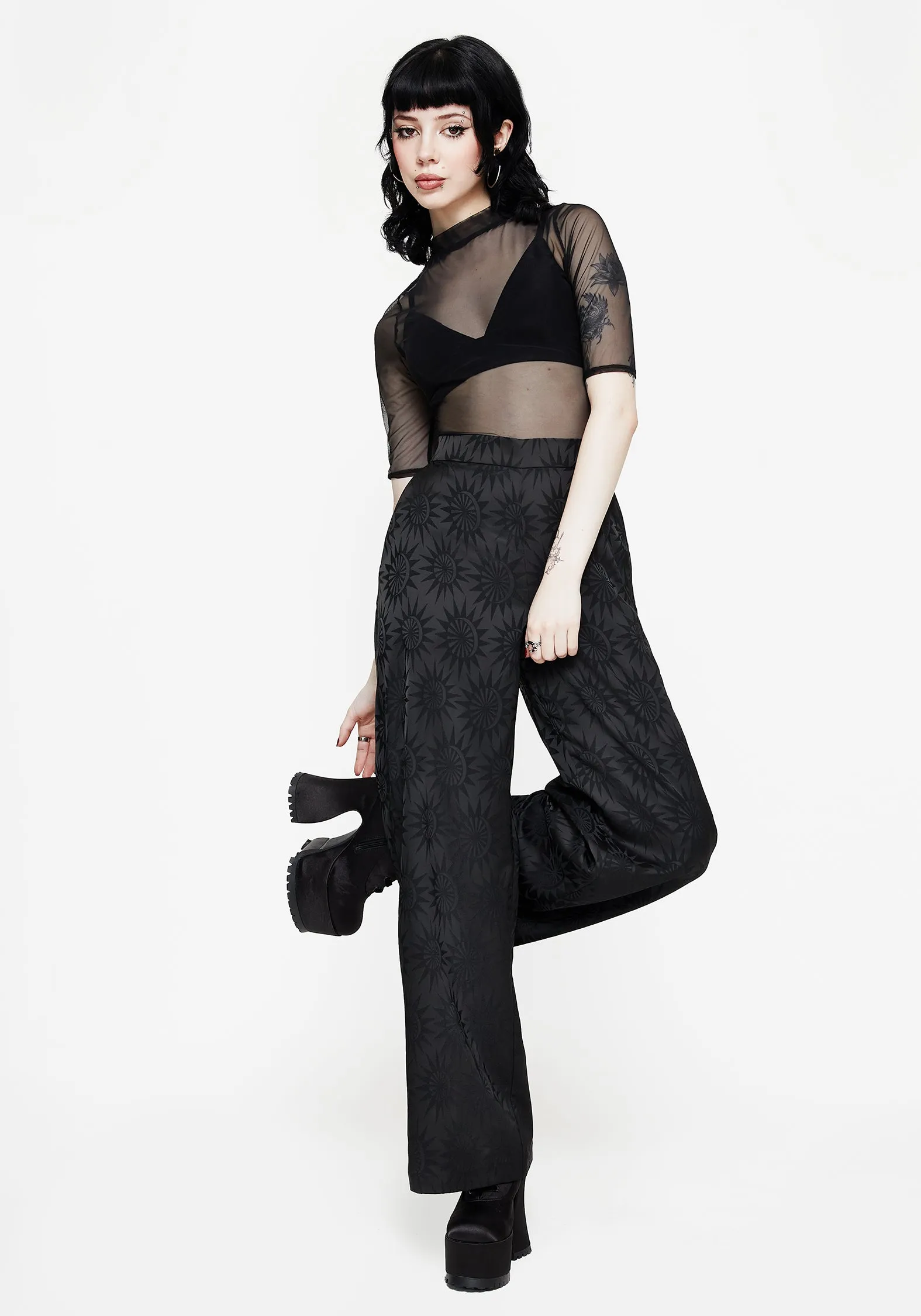 No Gap Waist BreathableMaterial Semine Celestial Printed Wide Leg Trousers