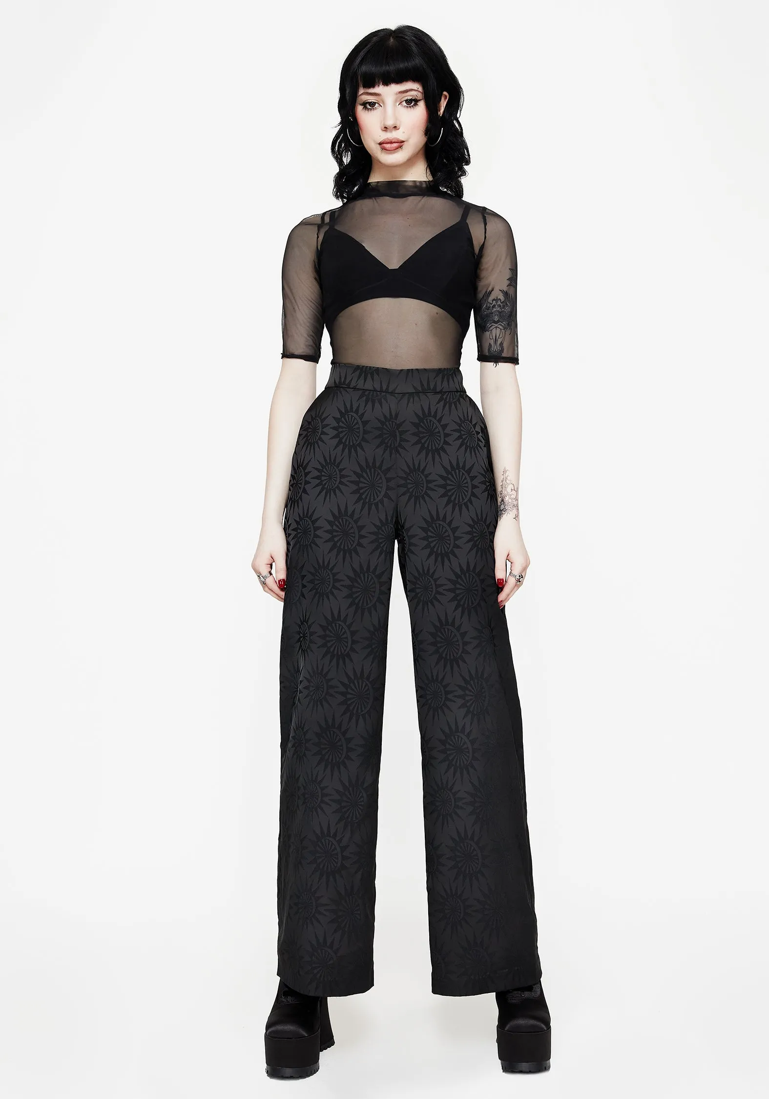 Recycled Polyester Blend Street Style Semine Celestial Printed Wide Leg Trousers