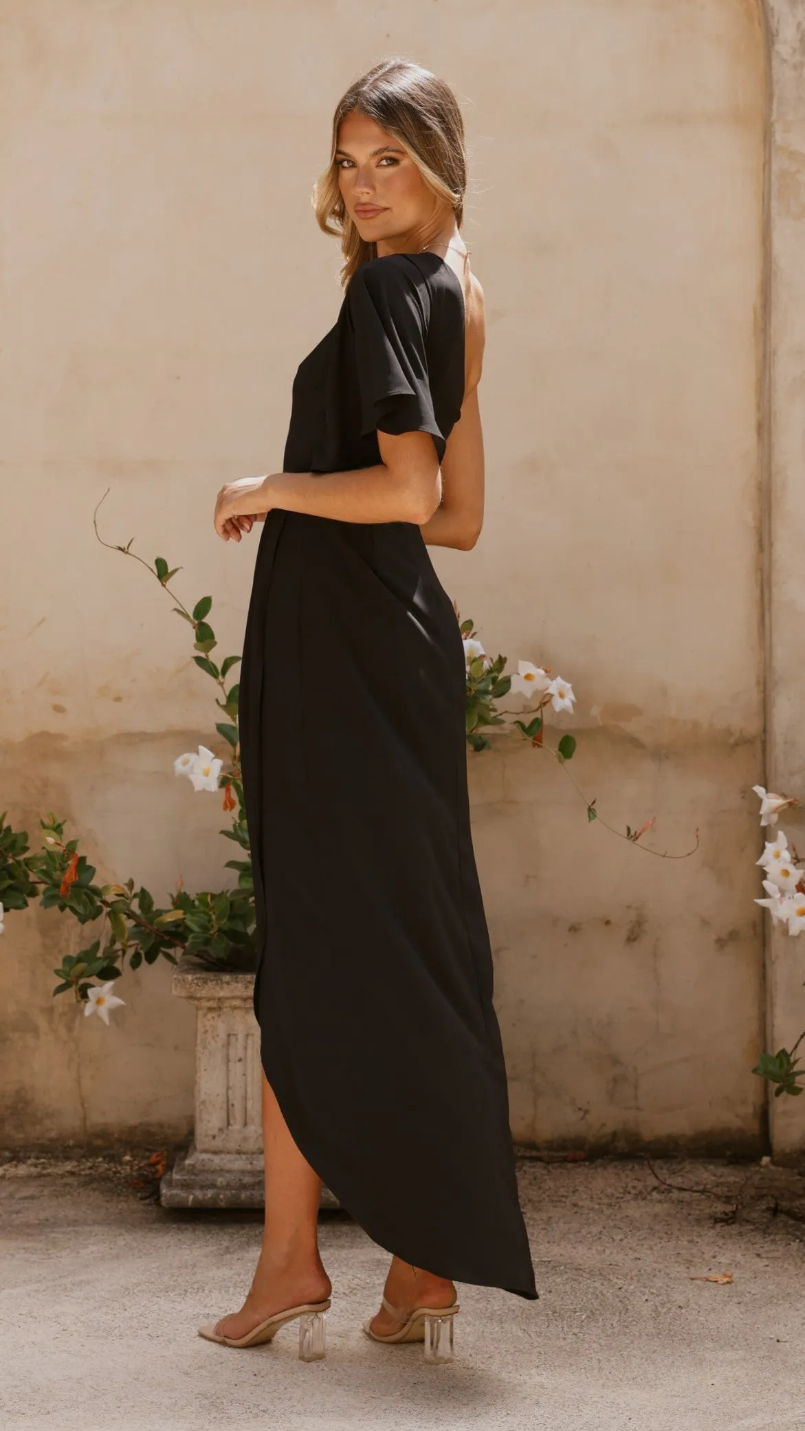 Emma One Sleeve Maxi Dress - Black chiffon flow Bead Shine