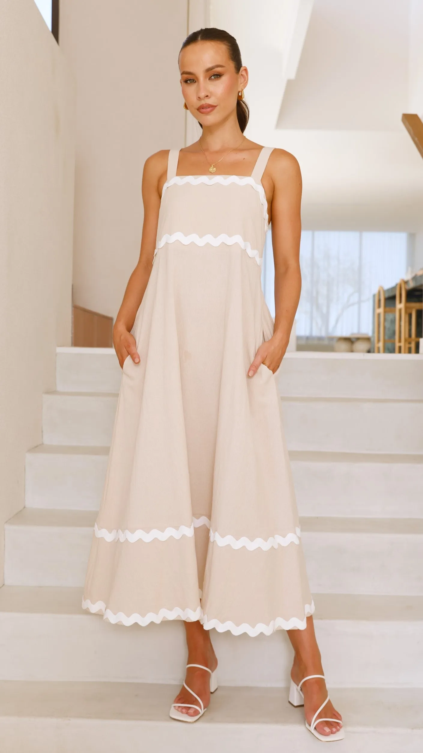 Raelynn Midi Dress - Beige/White Chambray Glow
