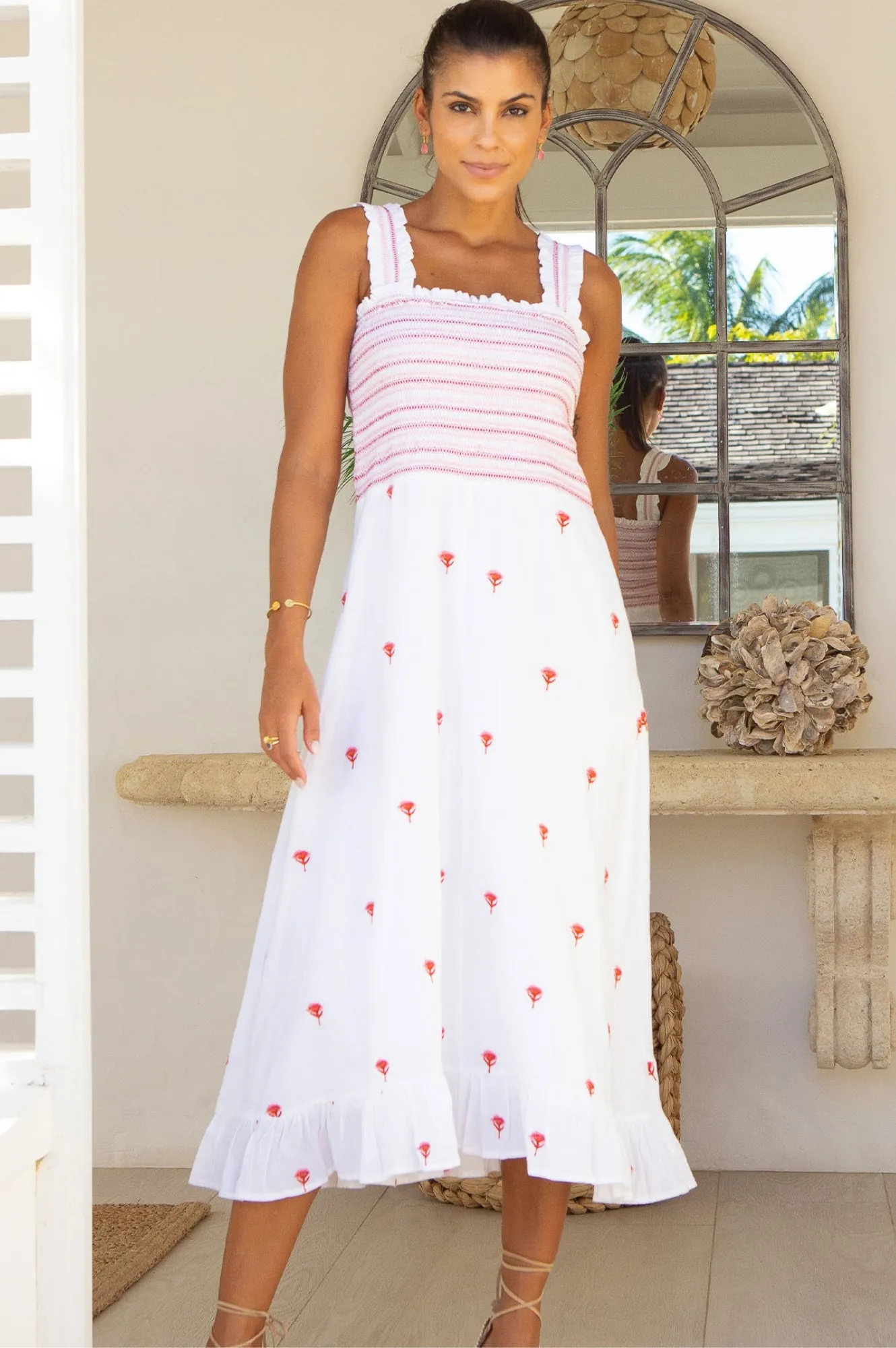 Rhianna Embroidered Dress | White/Pink Season Proof Coastal Granny