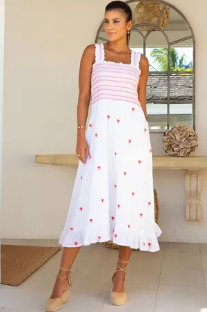 Rhianna Embroidered Dress | White/Pink Stylish below-the-knee gown