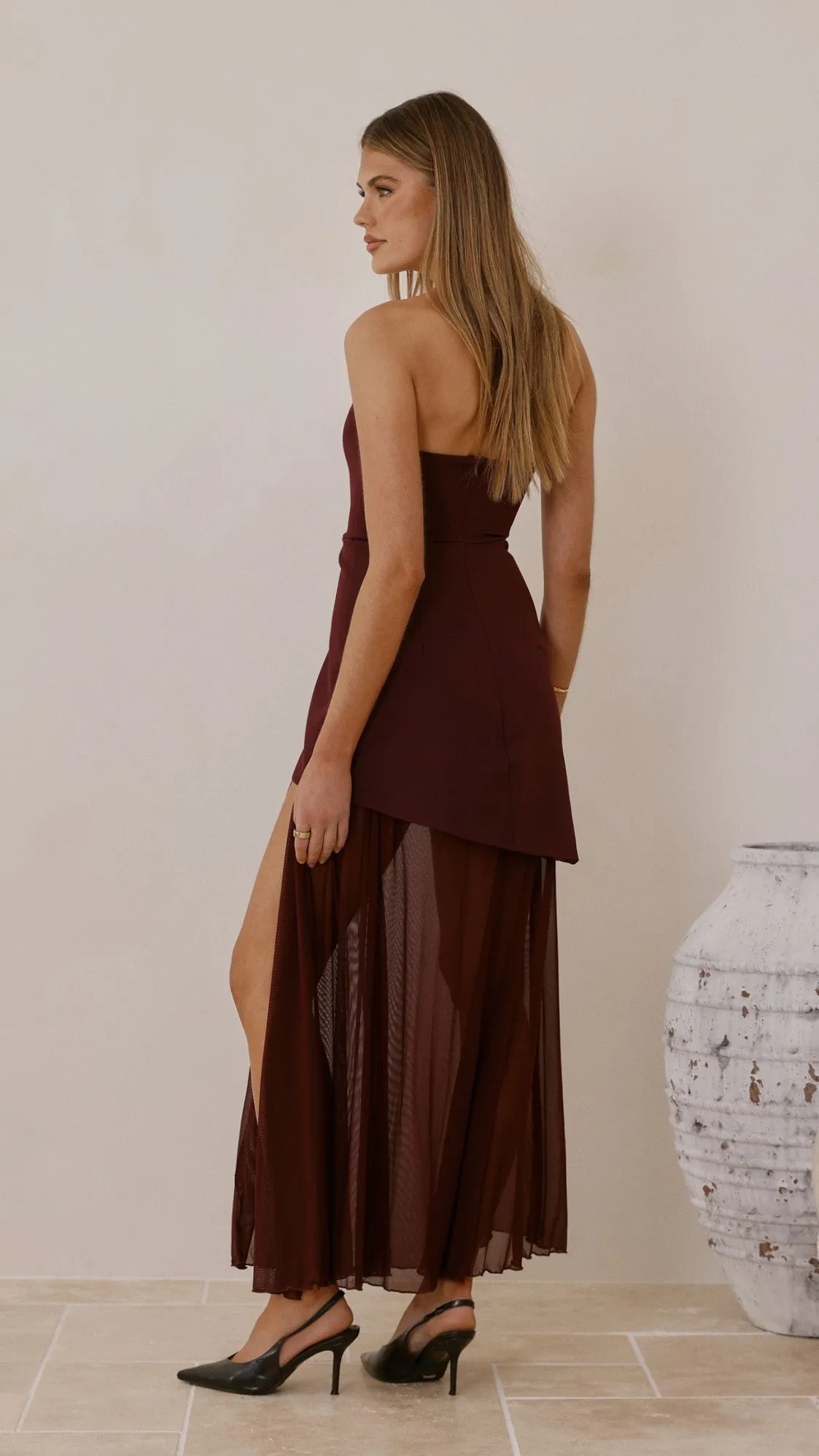 The elegant fabric of this dress offers a luxurious feel against the skin Marina Scene Fenella Asymmetrical Maxi Dress - Plum