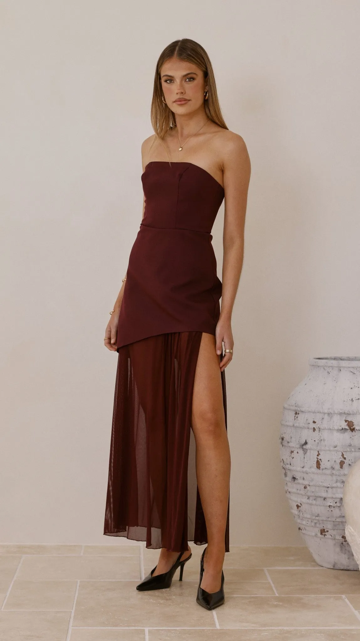 Fenella Asymmetrical Maxi Dress - Plum Cool Air The timeless style of this dress ensures that it will remain a staple in your wardrobe for years to come