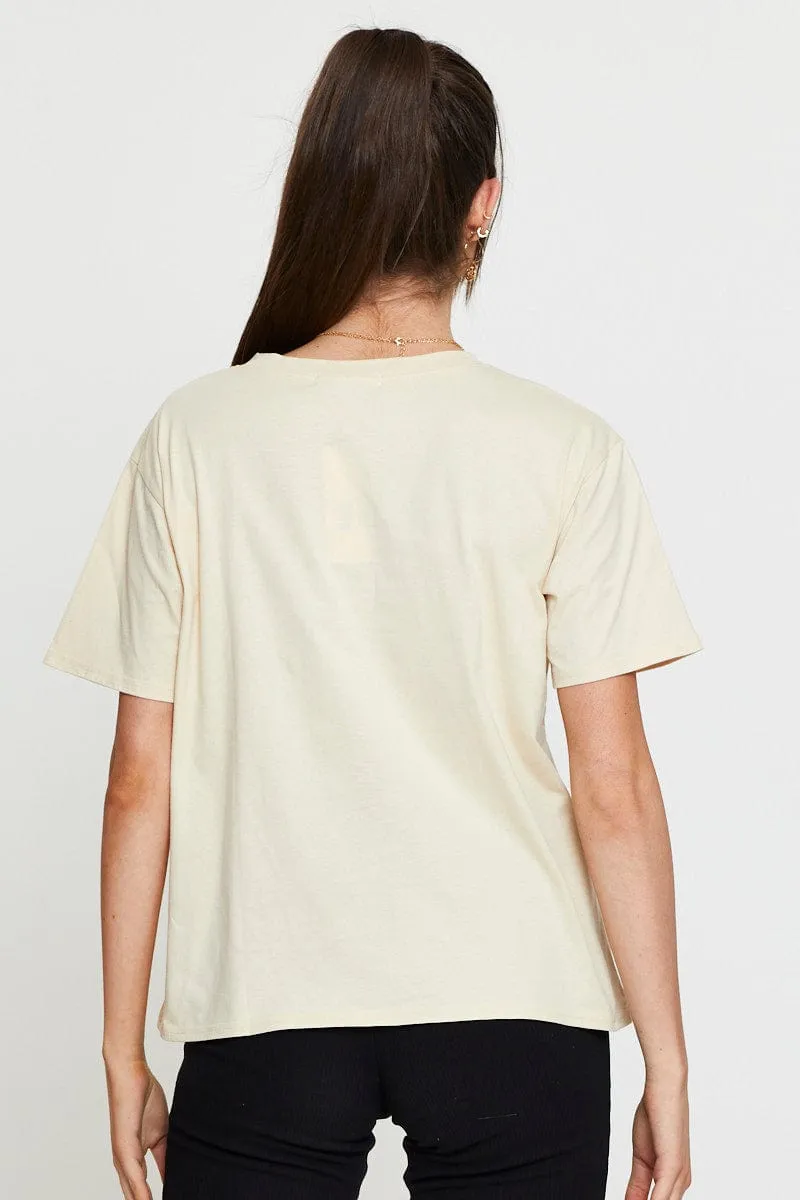 Beige Graphic T Shirt Short Sleeve Everyday Outfit Stretch Fabric