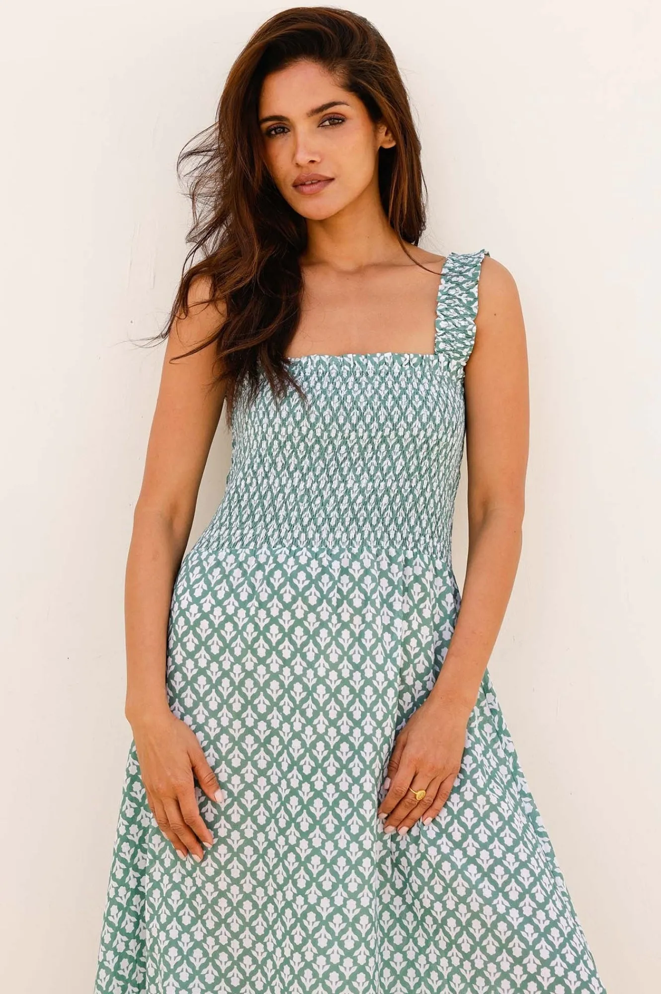 Rhianna Organic Cotton Dress | Sage/White Lace Fine