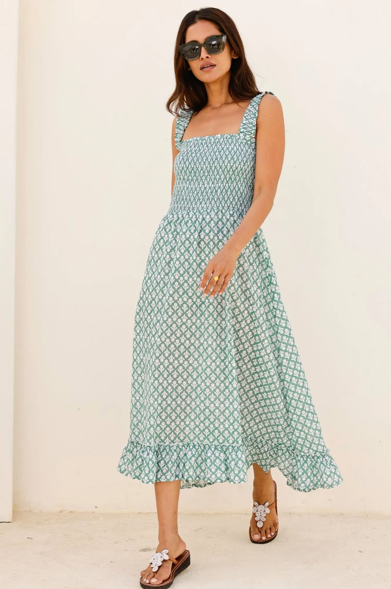 Drizzle Sky Everyday Comfort Rhianna Organic Cotton Dress | Sage/White