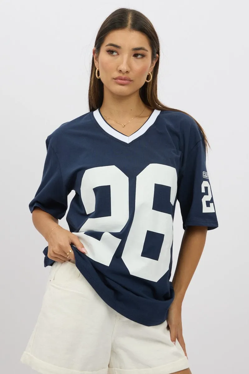 Breathable Layer Blue Graphic Tee V Neck Short Sleeve