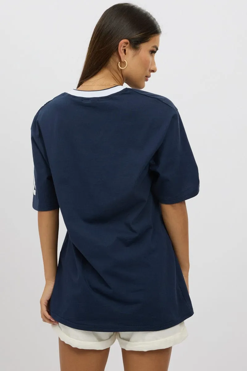 Blue Graphic Tee V Neck Short Sleeve Versatile Wardrobe Piece