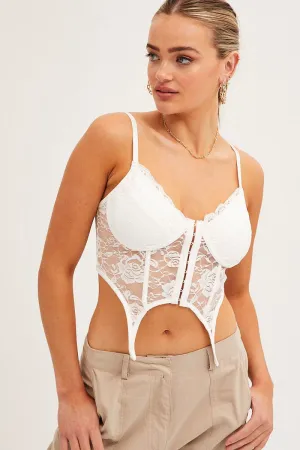 SnagProofMaterial White Corset Top Sleeveless Sweetheart Crop Garter Lace