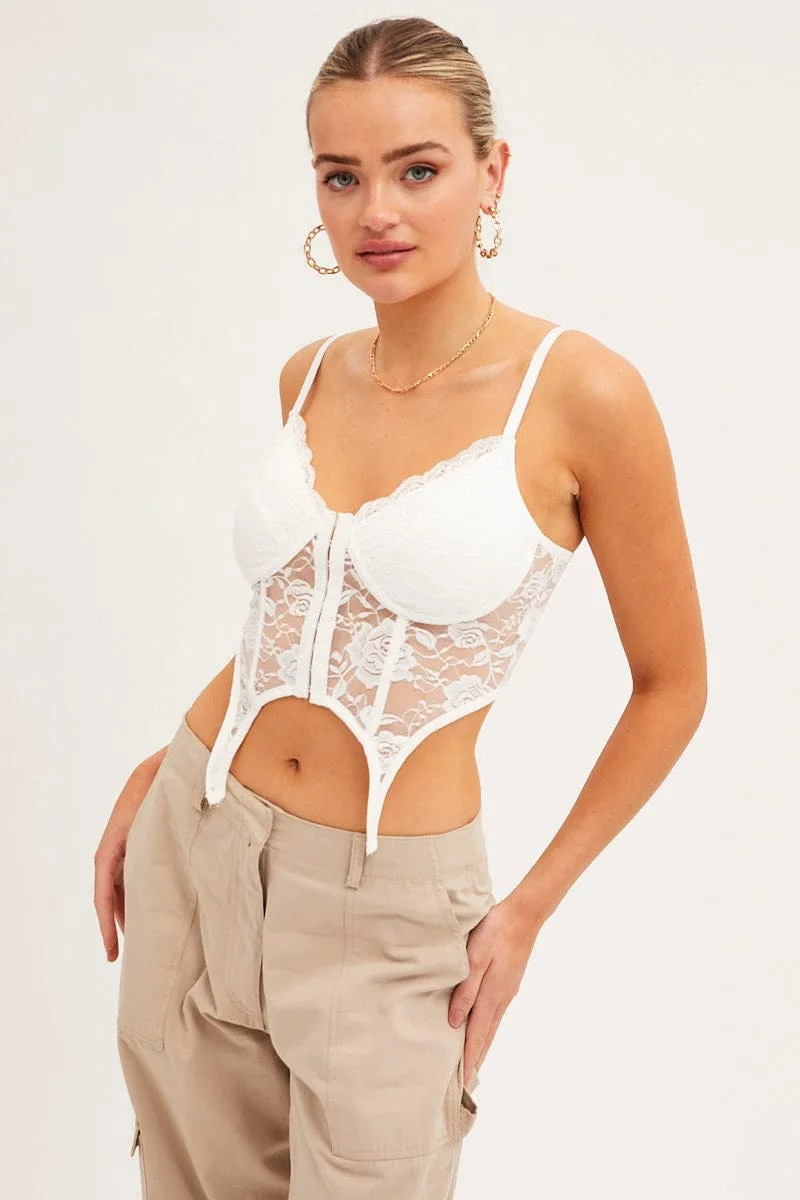 Star Fit FormFitting Cut White Corset Top Sleeveless Sweetheart Crop Garter Lace
