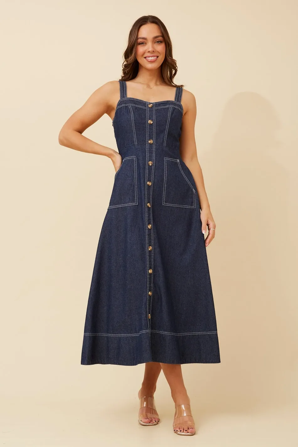 Feminine stylish midi NEBRASKA SLEEVELESS DENIM DRESS