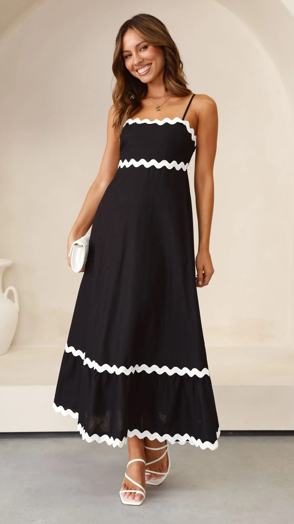 light layering Contemporary Fashion Brodey Midi Dress - Black / White