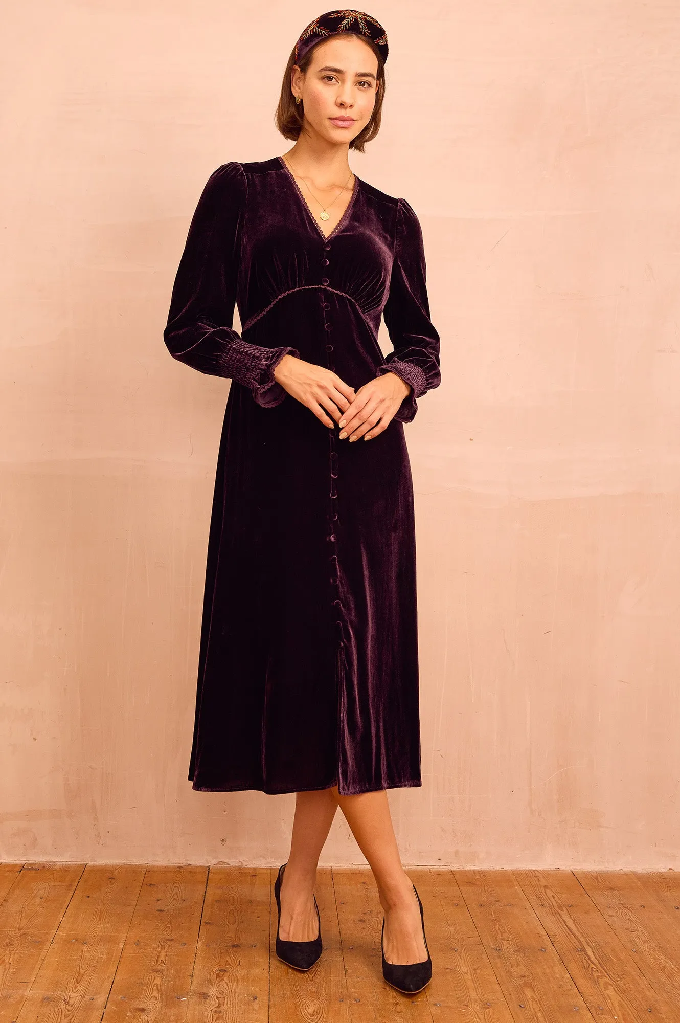 Sally Anne Velvet Long Sleeve Dress | Aubergine Effortless Style