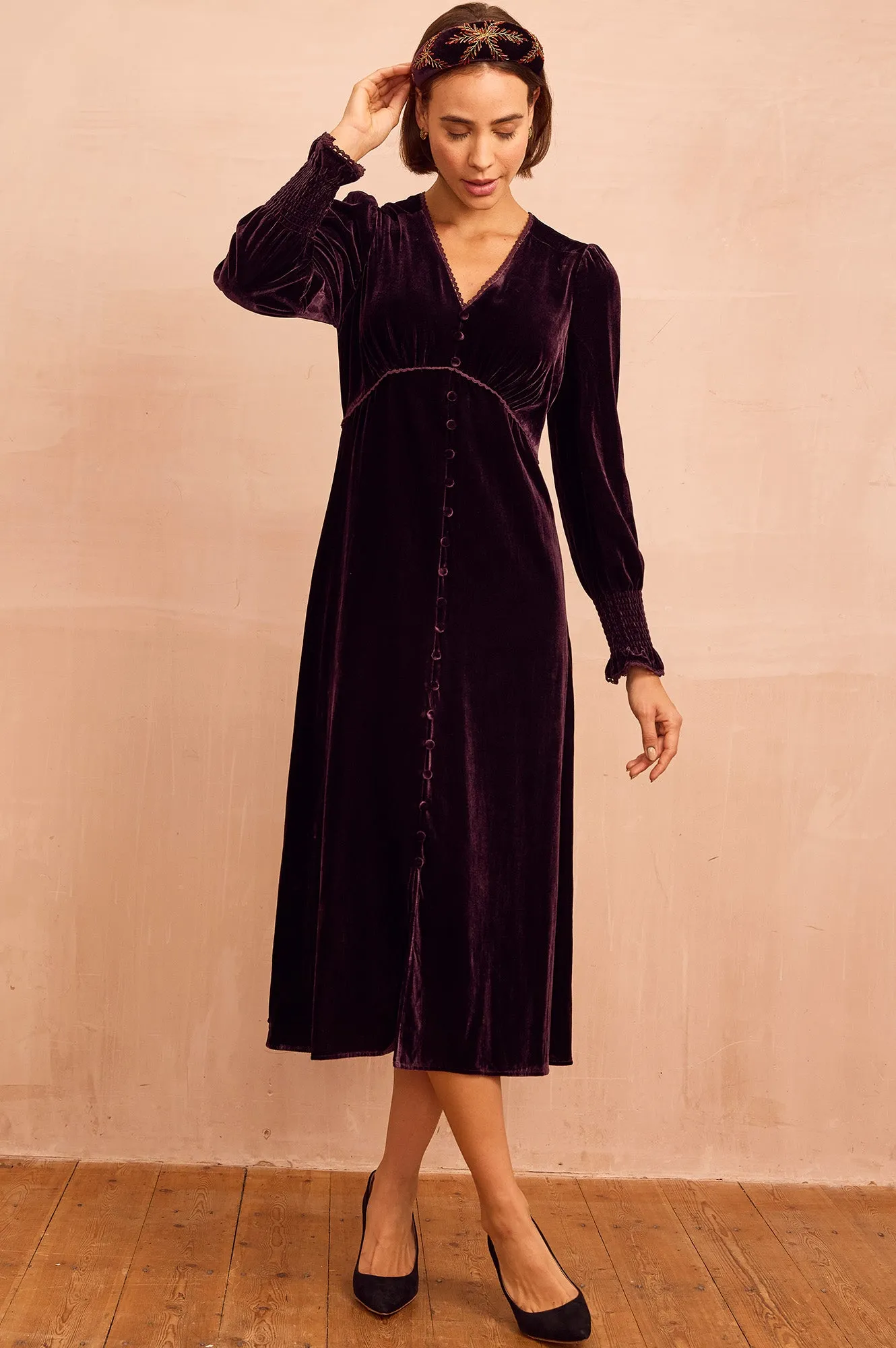 Sally Anne Velvet Long Sleeve Dress | Aubergine Art Space