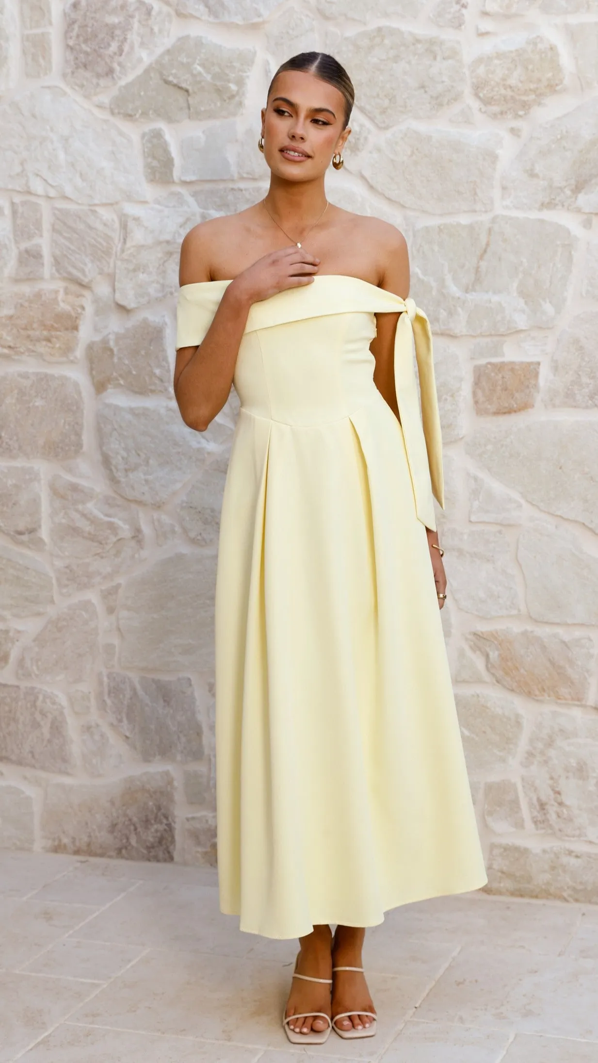 Bentley Off Shoulder Midi Dress - Lemon Minimalist mid-calf dress Classic Comfort