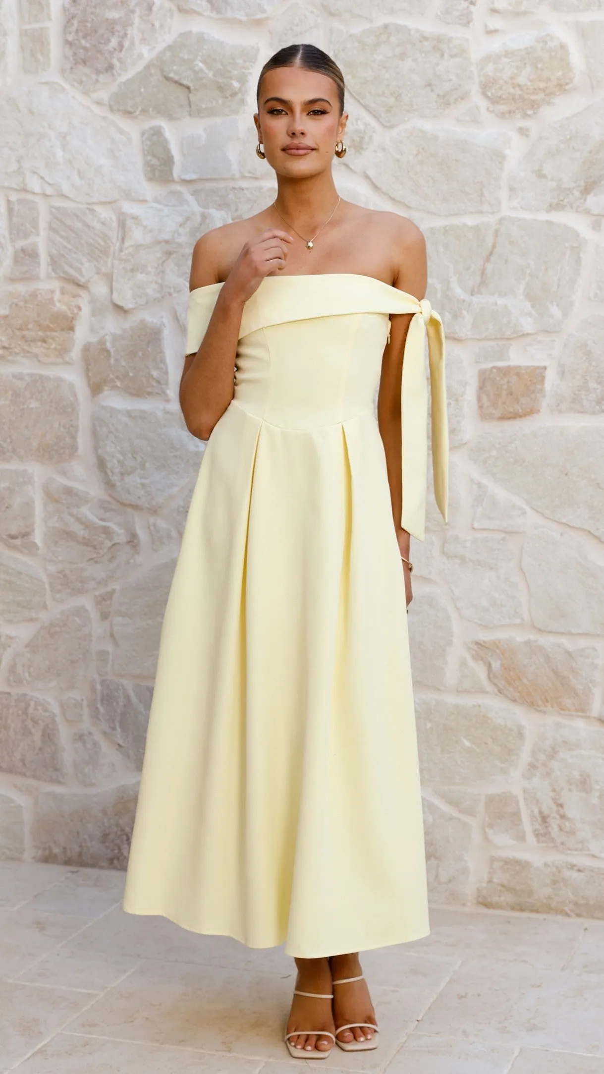 Form Hugging Classy Look Bentley Off Shoulder Midi Dress - Lemon