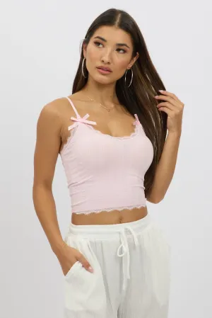 Pink Cami Top Ribbon Lace Neck TumbleDry Safe Inner Glow