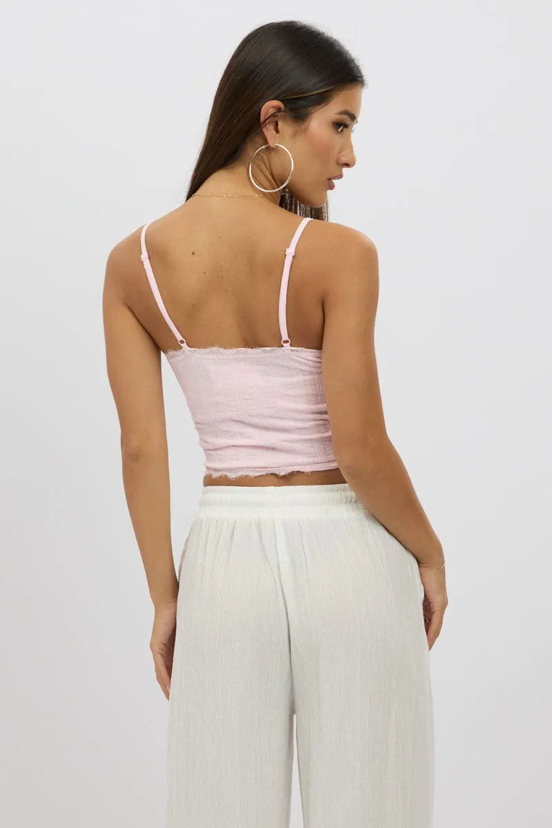 Pink Cami Top Ribbon Lace Neck yoga mode quick dry