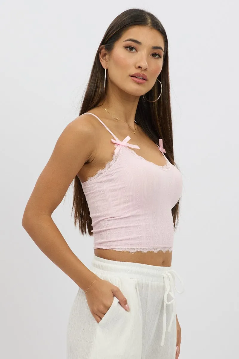 Reinforced Knees Pink Cami Top Ribbon Lace Neck